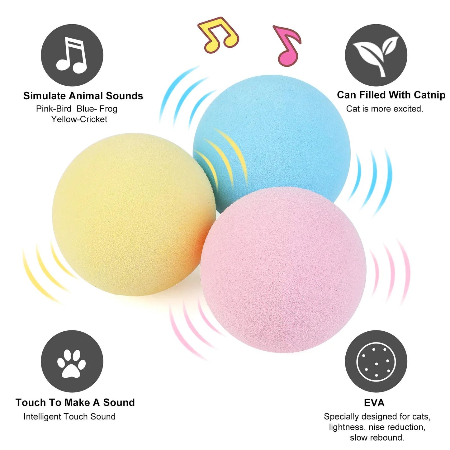 Balle Interactive Sonore pour Chat avec Catnip – 3 Sons Animaux