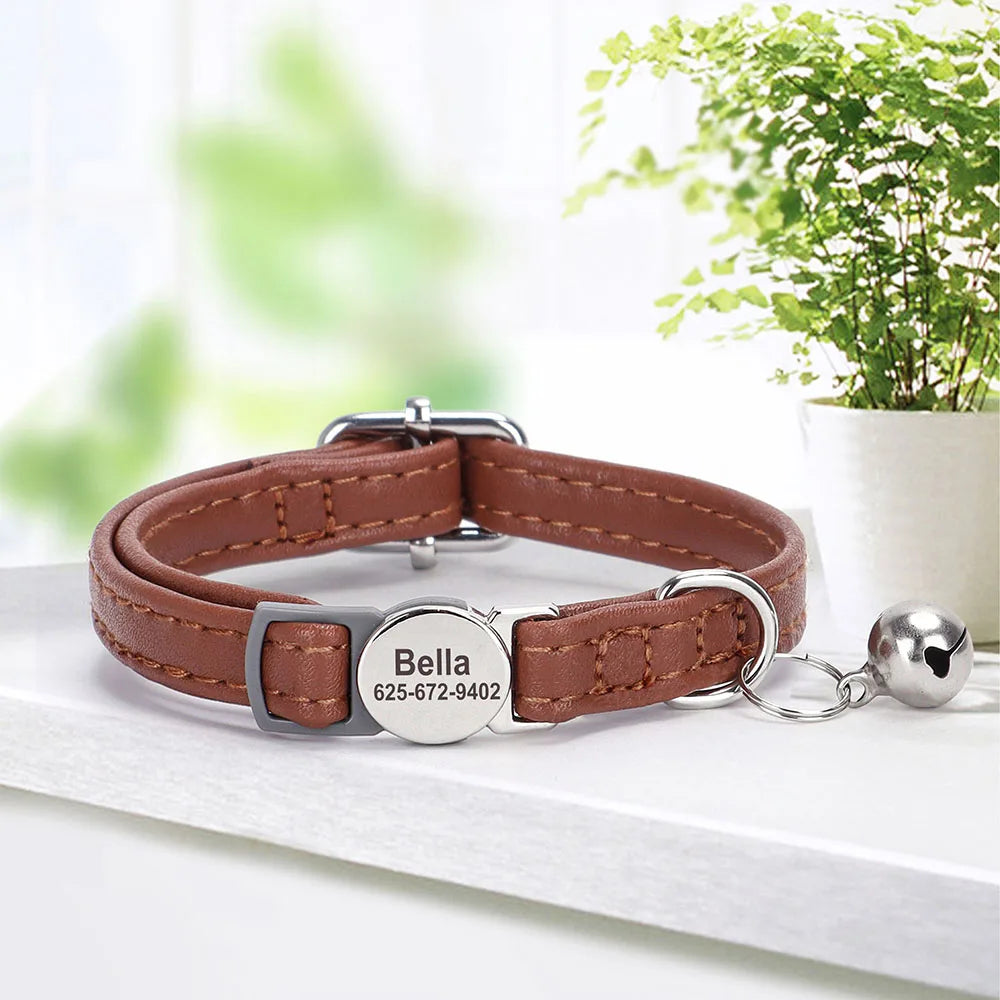 Collier Personnalisé en Cuir PU pour Chat et Petit Chien – Gravure + Clochette